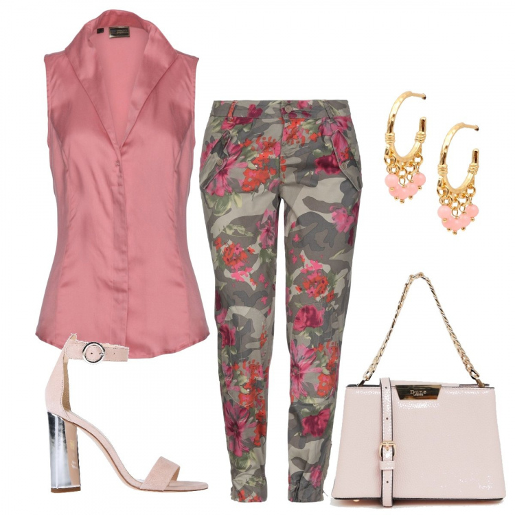 Outfit donna - Stile military. Stile Basic per Serata fuori. Abbinamento con jeans, pantalone fantasia con zip e bottoni, sandali effetto scamosciato con tacco squadrato e fibbia con punta tonda tinta unita, orecchini con perline e farfallina argento e oro, scarpe con catena e punta quadrata con manico e tracolla regolabile.