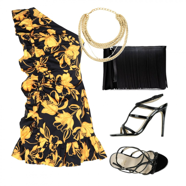 Outfit donna - Chic #8206. Stile Chic per Serata fuori. Abbinamento con vestito corto con arricciature fantasia floreale senza maniche con zip interno foderato in raso elasticizzato, sandali con strass effetto laminato con cinturino e punta tonda in pelle sintetica tinta unita, collana con strass in ottone con gancio maglia, pochette con frange taglia media con zip.