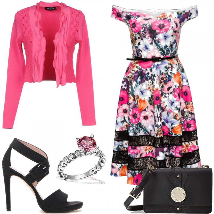 Outfit donna - Serata al ristorante. Stile Bon Ton per Serata fuori. Abbinamento con maglieria, cardigan lavorato a maglia scollatura profonda a maniche lunghe tinta unita, sandali, anello in sterling 925 argento e bianco, borsa a tracolla.