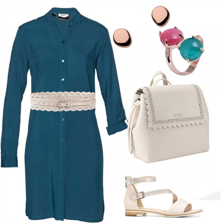Outfit donna - Trendy #14285. Stile Trendy per Tutti i giorni. Abbinamento con camicie, cintura grigio, sandali con cinturino marrone, borsa, anelli, orecchini in oro rosa argento e rosa.