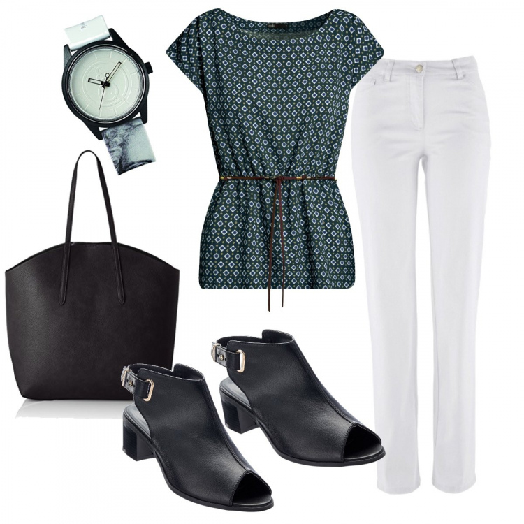 Outfit donna - Verde bottiglia. Stile Basic per Ufficio. Abbinamento con pantaloni, sandali col tacco, camicetta con stampa aderente verde, shopping bag, orologi analogici.