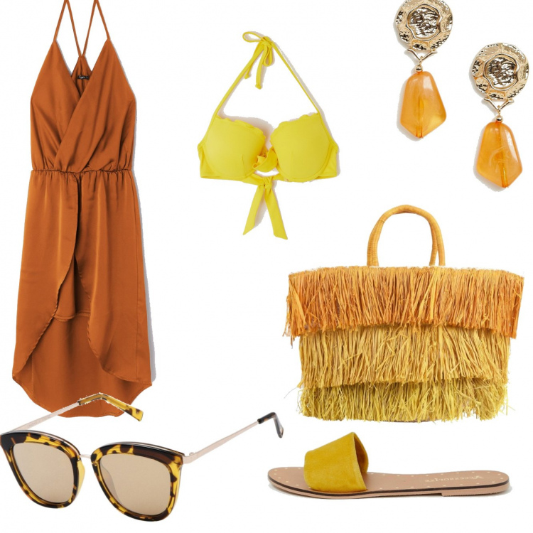 Outfit donna - Leggerezza. Stile Urban per Tutti i giorni. Abbinamento con occhiali da sole lenti colorate in montatura in metallo, borsa a mano, vestito mini con spacco e scollo tinta unita cammello, bikini top push-up giallo, sandali senape, orecchini.