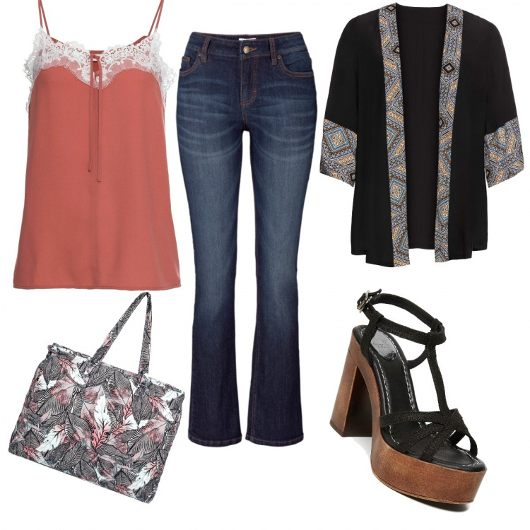 Outfit donna - Puntate i riflettori su di voi. per Tutti i giorni. Abbinamento con jeans bootcut, top con pizzo e scollo con bottoni rosso, kimono fantasia con scollo nero, borsetta grigio, sandali con tacco e plateau e punta tonda nero.