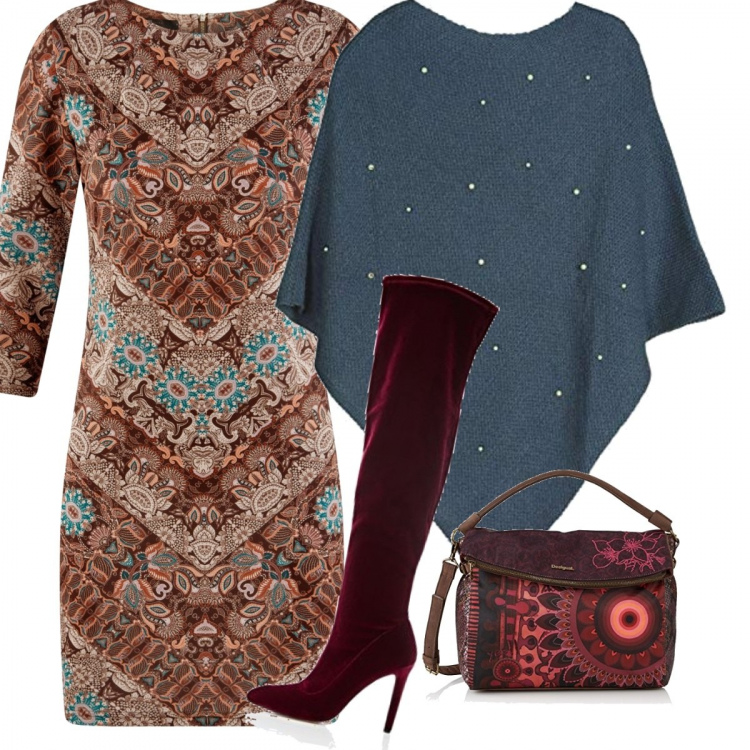 Outfit donna - Bon Ton #7193. Stile Bon Ton per Tutti i giorni. Abbinamento con vestito a tubino con scollo e zip aderente marrone, poncio con perle girocollo senza maniche in in maglia taglia unica blu, shopping bag rosso, stivali in velluto elasticizzato rosso e bordeaux.