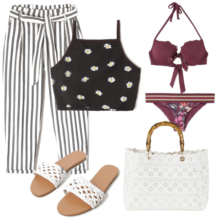 Outfit donna - Andiamo al mare. Stile Trendy per Mare. Abbinamento con borsa a mano bianco, slip fantasia floreale, bikini top push-up, pantalone paper bag a righe nero, top jersey nero, sandali.