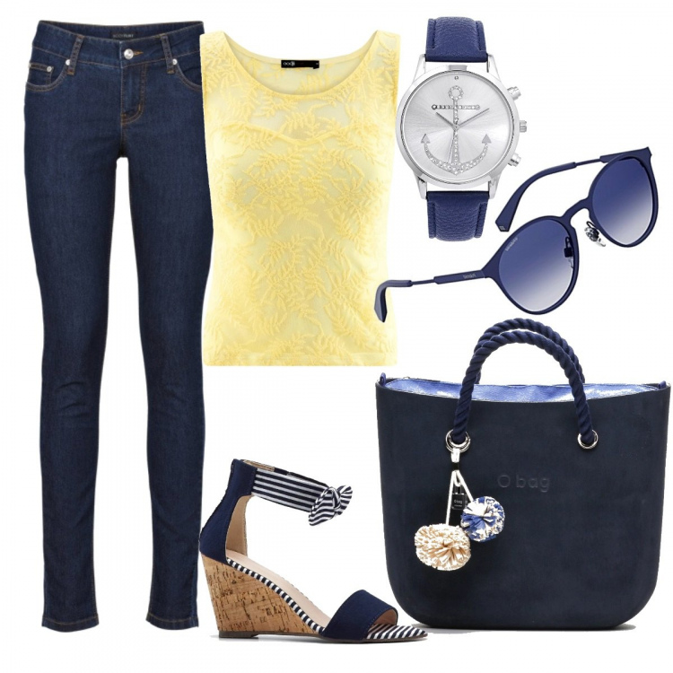 Outfit donna - Top giallo in pizzo. Stile Trendy per Tutti i giorni. Abbinamento con jeans skinny, sandali, orologio con strass blu, orologio componibile navy, top con pizzo aderente giallo, occhiali da sole.