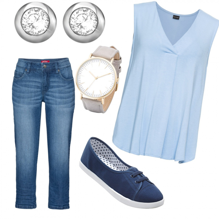 Outfit donna - Total look #283782. per Cerimonia. Abbinamento con top, pinocchietto, ballerine sport suola leggera blu, maglieria, orecchini in argento 925 argento.
