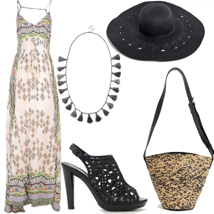 Outfit donna - Etnico chic. Stile Etnico per Mare. Abbinamento con vestito lungo nero, collana, sandali, borsa a tracolla secchiello contrasto con cinturino in paglia, cappello nero.