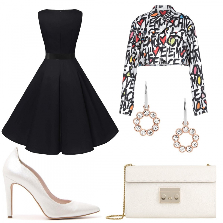 Outfit donna - Bon ton stravagante. Stile Bon Ton per Cerimonia. look ideale per Petite. Abbinamento con giacca fantasia collo classico a maniche lunghe interno sfoderato con bottoni, vestiti, orecchini, scarpe, pochette.