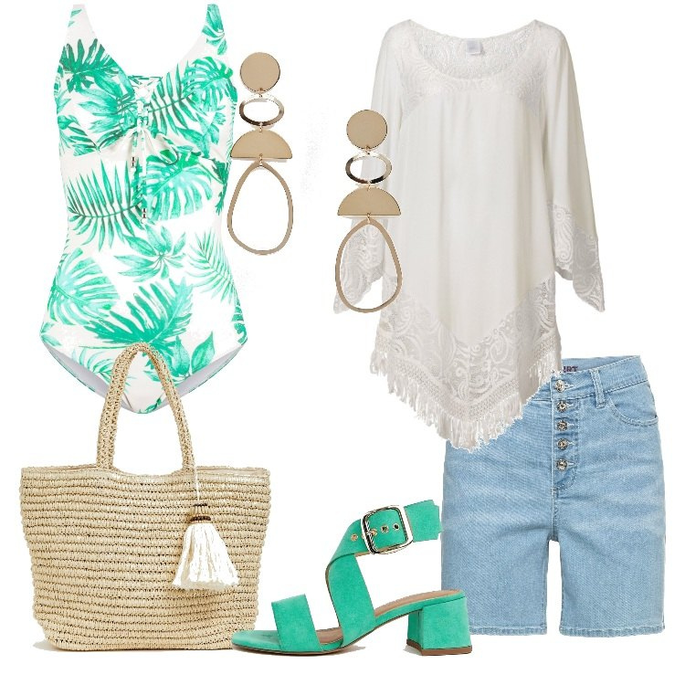 Outfit donna - Tunica bianca e intero tropicale. Stile Etnico per Mare. Abbinamento con vestiti da spiaggia, costume intero fantasia con spalline beige, pantalone corto in denim blu, sandali petite collo aperto con cinturino, t-shirt maxi in denim con nappine, orecchini pendenti oro.