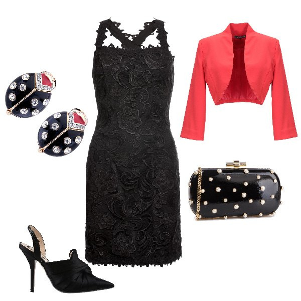 Outfit donna - D&G Style. Stile Chic per Serata fuori. Abbinamento con vestito con pizzo nero, décolleté slingback con tacco spillo e fibbia a punta pianta stretta in raso tinta unita, blazer, orecchini con strass a clip oro e argento, clutch contrasto in ecopelle.