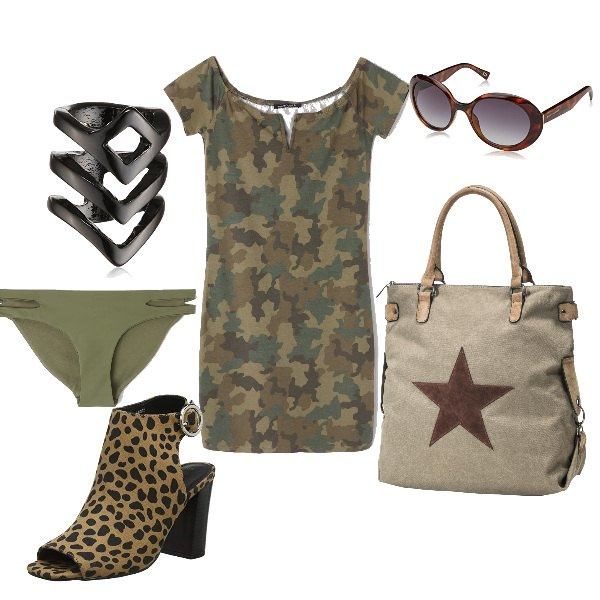 Outfit donna - Safari urbano. Stile Urban per Tutti i giorni. Abbinamento con borsa a mano in pelle sintetica marrone, vestito corto stile militare verde, slip tinta unita, braccialetto, scarpe col tacco con pattern marrone, occhiali da sole unisex-adulto marrone e grigio.