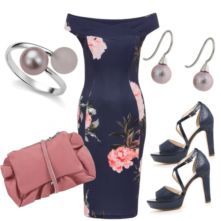 Outfit donna - Blu e rosa. Stile Bon Ton per Cerimonia. Abbinamento con vestito fantasia floreale con scollo blu, borsa a mano mini in pelle martellata con zip interno foderato tinta unita, sandali, orecchini in argento 925 rosa, anello in argento 925 rosa.