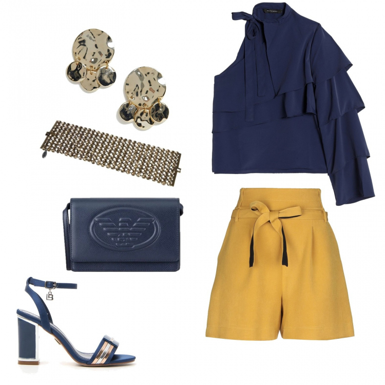 Outfit donna - Bon Ton #7200. Stile Bon Ton per Tutti i giorni. Abbinamento con pantalone, top monospalla con ruches collo tondo senza tasche crêpe, sandali, orecchini pendenti oro, borsa a tracolla mini maxi interno foderato in ecopelle, braccialetto oro.