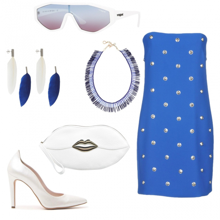 Outfit donna - Trendy #14336. Stile Trendy per Tutti i giorni. Abbinamento con vestito corto a tubino contrasto scollatura profonda senza maniche con zip interno foderato crêpe, collana con strass e perline in ottone con gancio maglia, borsa a mano taglia media con zip interno foderato in pelle tinta unita blu, orecchini con farfallina in ottone, occhiali da sole, scarpe.