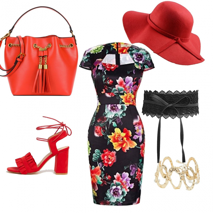 Outfit donna - Trendy #14338. Stile Trendy per Tutti i giorni. Abbinamento con borsa a mano con manico taglia media in pelle sintetica con nappine, vestito al ginocchio fantasia floreale aderente, cintura, cappelli, bracciale in denim con catenina oro, sandali con nodi e ruches collo aperto con fasce.
