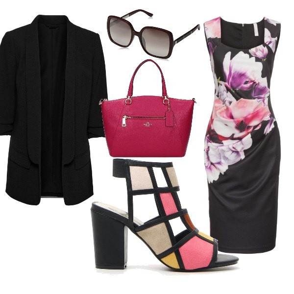 Outfit donna - Flowers and squares. Stile Chic per Tutti i giorni. Abbinamento con blazer, vestiti, borse a mano, sandali, occhiali da sole.