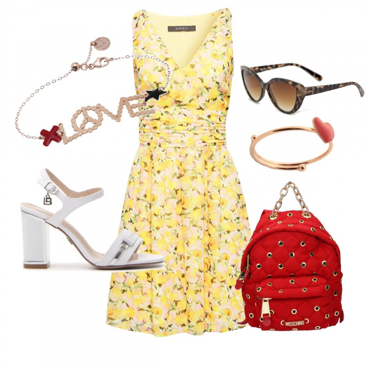 Outfit donna - Sbarazzino e colorato. Stile Trendy per Tutti i giorni. Abbinamento con bracciale argento, anello in placcato argento, zaino, vestito, sandali, occhiali da sole a gatto lenti scure stanghette sottili protezione dai raggi.