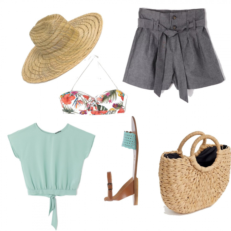Outfit donna - Basic #8575. Stile Basic per Tutti i giorni. Abbinamento con sandali fantasia con cinturino e punta tonda in pelle, shorts paper bag nero, bikini top effetto ottico con fasce bianco, blusa con nodi e schiena scoperta a maniche corte tinta unita, blusa con manico e spalline in paglia, cappello in paglia.