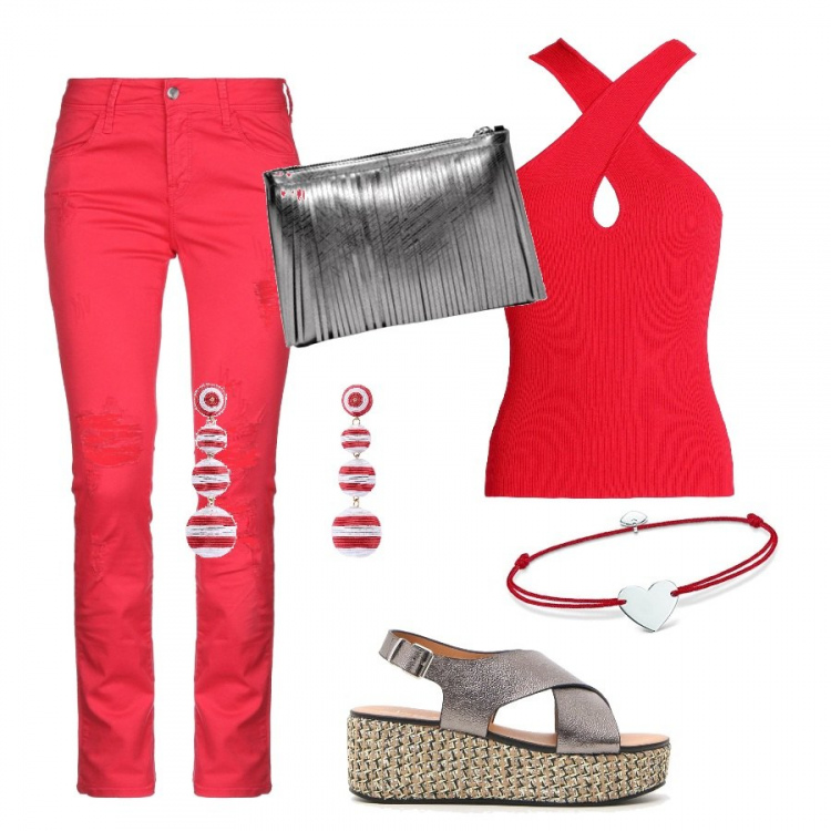 Outfit donna - Urban #4893. Stile Urban per Tutti i giorni. Abbinamento con pantalone vita bassa con zip in gabardine tinta unita, top lavorato a maglia tinta unita, orecchini, sandali, braccialetti, pochette con frange taglia media con zip.