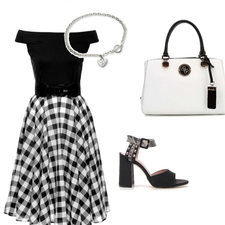 Outfit donna - Bon Ton #7206. Stile Bon Ton per Serata fuori. Abbinamento con vestito con spalle scoperte, sandali, charm con zip in ecopelle con tracolla removibile oro, collane.