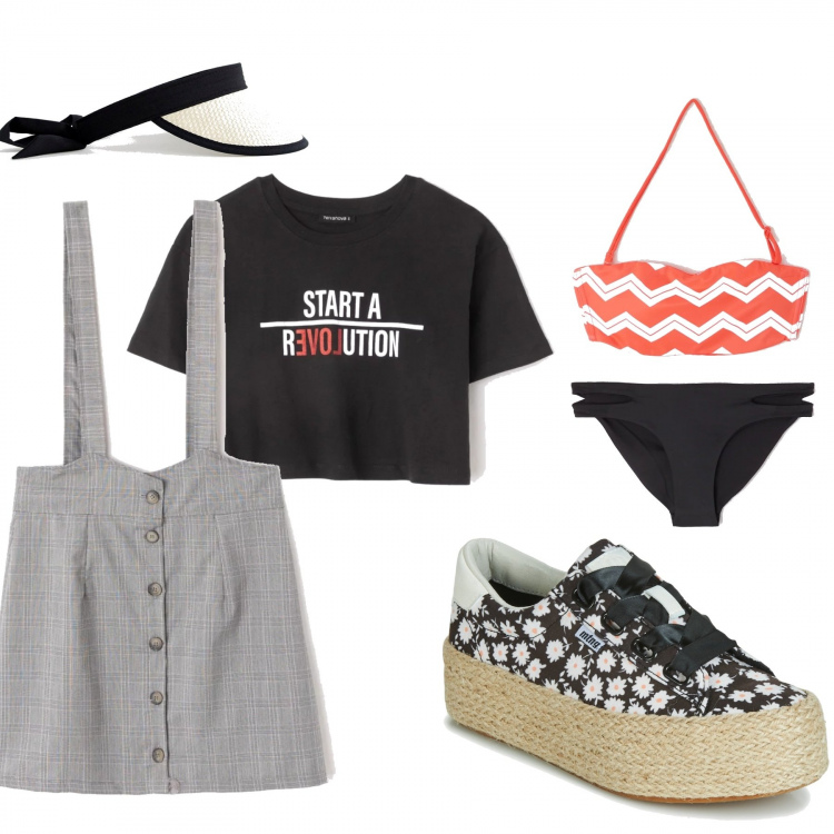 Outfit donna - Revolutionary summer. Stile Urban per Mare. Abbinamento con gonna al ginocchio con bretelle a quadri con bottoni grigio, bikini top con fasce, t-shirt girocollo a maniche corte crop nero, slip tinta unita nero, sneakers, cappello con visiera petite con nodi contrasto con fasce in paglia.