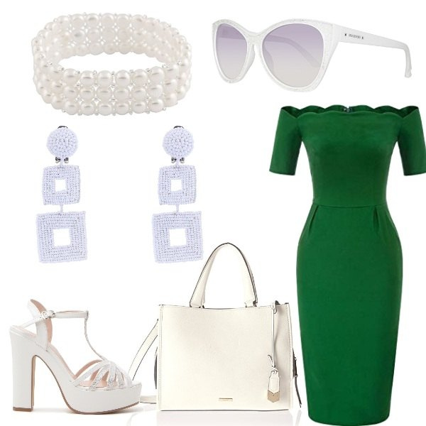 Outfit donna - Panna e menta. Stile Chic per Serata fuori. Abbinamento con orecchini a clip argento, vestito a matita con tacco alto e spalle scoperte vita alta a maniche corte tinta unita verde, sandali, borsa tote, occhiali da sole, braccialetto bianco.