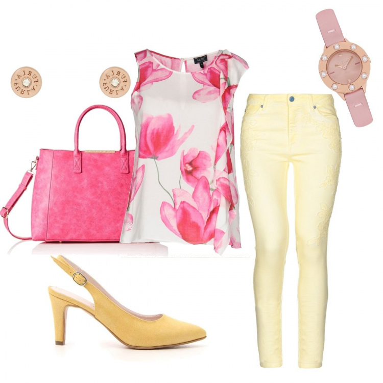 Outfit donna - Voglia di colore. Stile Bon Ton per Tutti i giorni. Abbinamento con top fantasia floreale collo tondo senza maniche in viscosa con bottoni, jeans slim fit, décolleté, borsa a mano in pelle rosa, orecchini in oro rosa, orologio.