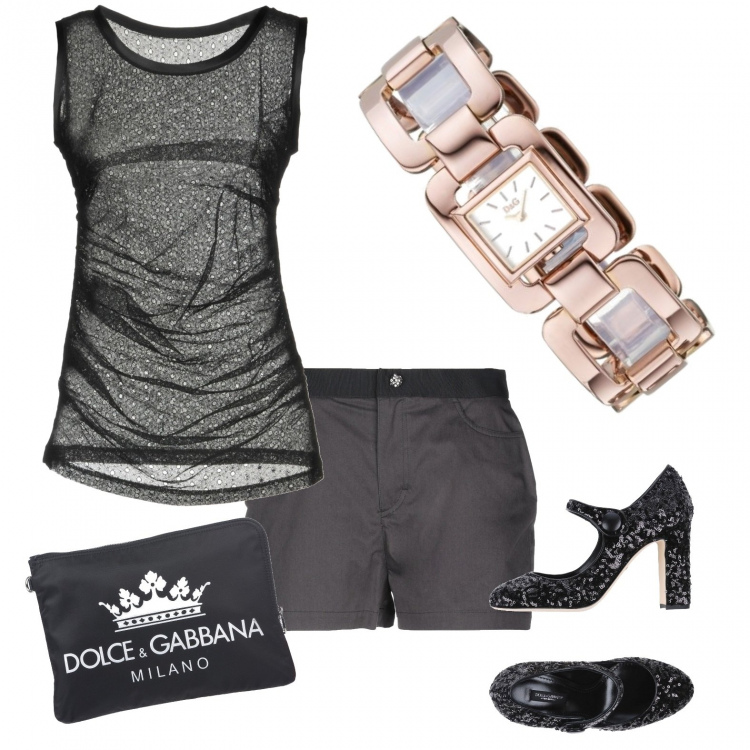 Outfit donna - D & G. Stile Sexy per Serata fuori. Abbinamento con pullover con arricciature lavorato a maglia collo tondo senza maniche in seta tinta unita, décolleté effetto laminato con tacco squadrato e punta tonda tinta unita, borsa a mano con stampa taglia media con zip interno foderato in tessuto tecnico tinta unita, shorts vita alta con zip in cotone twill, camicia blu, orologi.