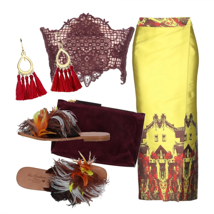 Outfit donna - Dolce & Gabbana low cost. Stile Chic per Serata fuori. Abbinamento con gonna lunga a portafoglio fantasia multicolore interno foderato jacquard, top con pizzo fantasia scollatura profonda con fasce in cotone, sandali, pochette effetto scamosciato con zip interno foderato in pelle tinta unita, orecchini.