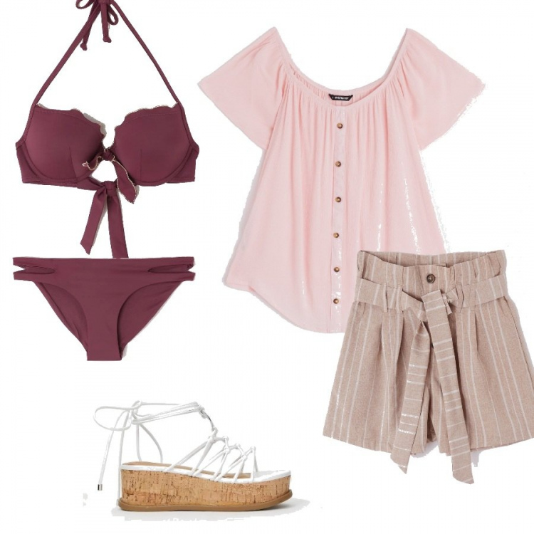 Outfit donna - Voglia di vacanza. Stile Basic per Tutti i giorni. Abbinamento con bikini top push-up, shorts paper bag a righe, slip tinta unita, blusa con spalle scoperte tinta unita rosa e pastello, sandali con stringhe flatform collo aperto con laccetti in denim con nodi.