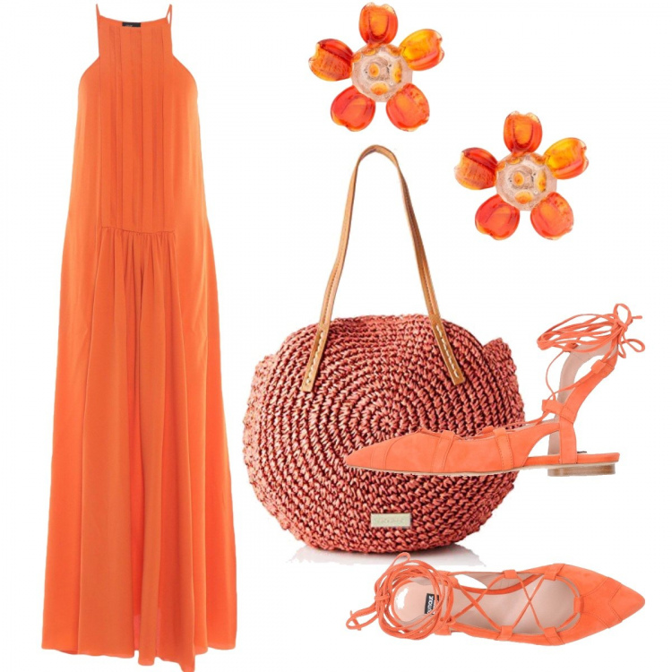 Outfit donna - Total look orange. Stile Trendy per Serata fuori. Abbinamento con vestito lungo collo tondo senza maniche interno sfoderato crêpe, ballerine effetto scamosciato a punta tinta unita, orecchini con farfallina oro e argento, borse a spalla.