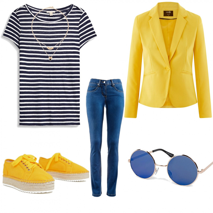 Outfit donna - Giallo e blu. Stile Basic per Tutti i giorni. Abbinamento con jeans dritti, collier, blazer aderente giallo, completo petite in denim, t-shirt multicolore e navy, occhiali da sole.