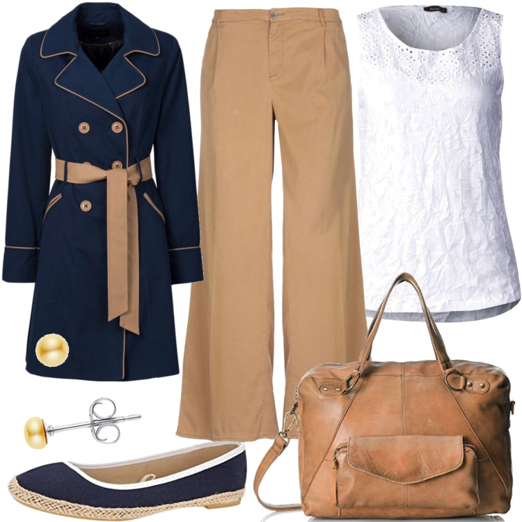 Outfit donna - Trench e borsa per work. Stile Bon Ton per Ufficio. Abbinamento con trench, pantalone wide leg vita alta con zip twill, canottiera bianco, borsa a spalla, ballerine blu, orecchini in argento 925 oro.