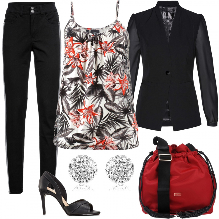 Outfit donna - Una cena romantica. Stile Sexy per Serata fuori. Abbinamento con top, blazer chiffon nero, décolleté, jeans skinny, borsa a tracolla taglia media con nappine, orecchini in sterling 925 argento.