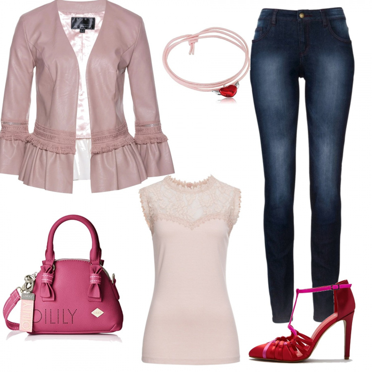 Outfit donna - Rosa mania. Stile Urban per Ufficio. Abbinamento con jeans skinny, giacca con frange in pelle sintetica viola, top con pizzo e spacco rosa, sandali, borsa a mano cartella rosa, bracciale in ottone.