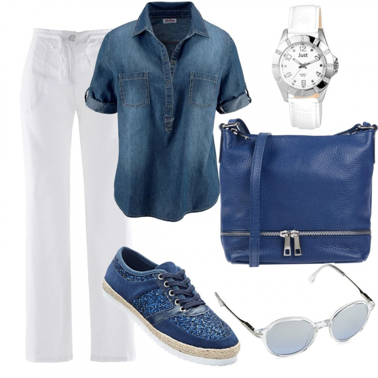 Outfit donna - Camicia jeans. Stile Basic per Tutti i giorni. Abbinamento con pantaloni a palazzo, tuniche, sneakers con lacci blu, borsa a tracolla messenger in pelle martellata taglia media con zip interno foderato tinta unita, orologi, occhiali da sole taglia unica blu.