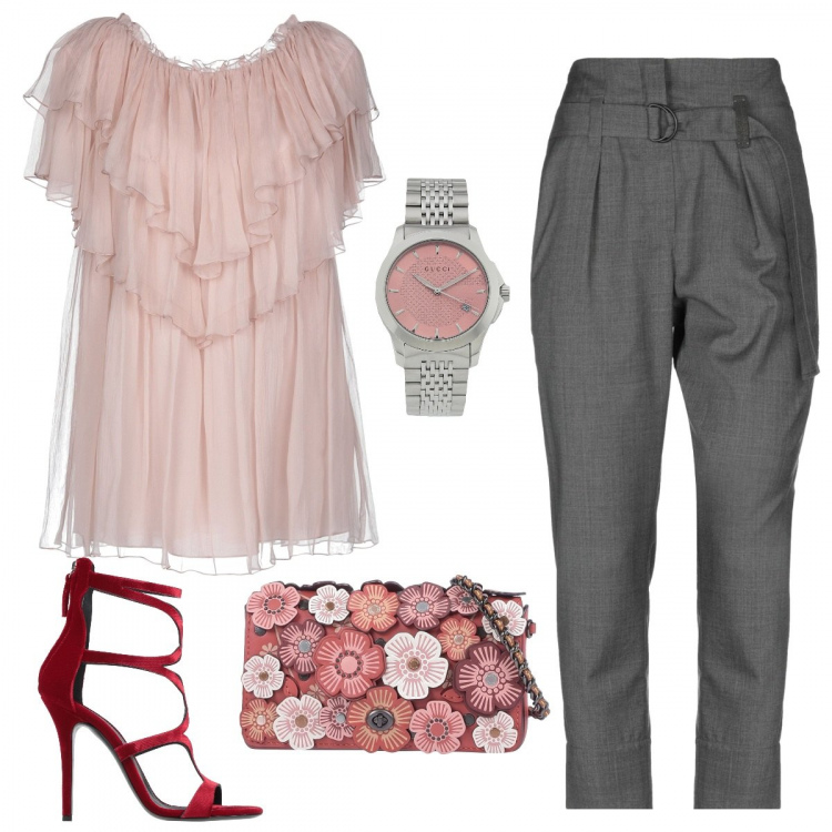 Outfit donna - Sulle nuvole. Stile Chic per Serata fuori. Abbinamento con blusa chiffon collo tondo a maniche corte in seta tinta unita, pantalone tinta unita, sandali con tacco spillo e zip con punta tonda in velluto tinta unita, borsa a mano mini contrasto a scatto, orologio con cinturino.