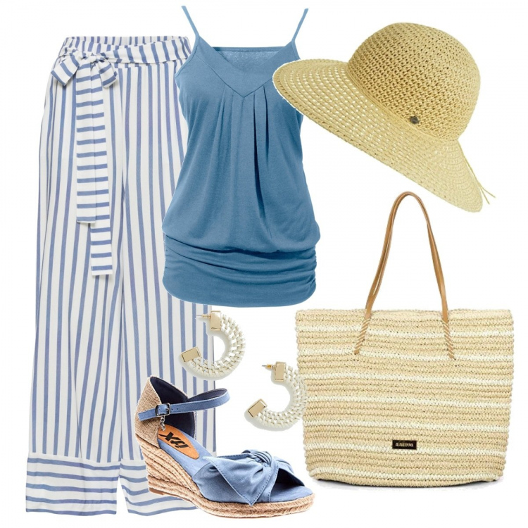 Outfit donna - Pantalone ampio. Stile Basic per Tutti i giorni. Abbinamento con top, reggiseni, sandali con plateau in denim blu, borsa a spalla beige, orecchini farfalla in denim oro, cappello taglia unica beige.
