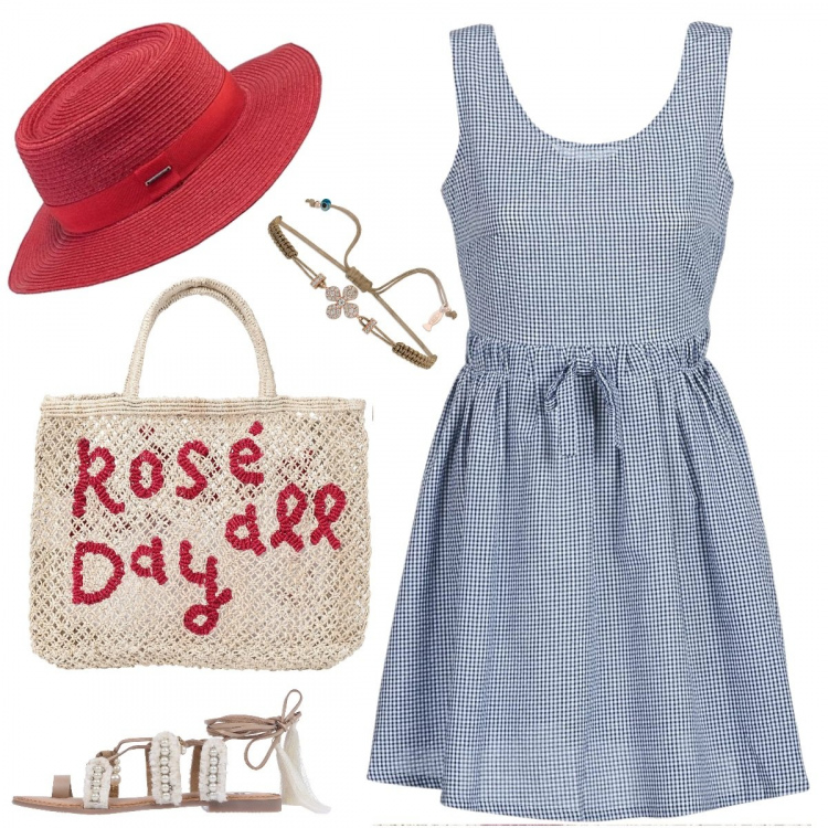 Outfit donna - Aperitivo in spiaggia, al tramonto. Stile Trendy per Mare. look ideale per Petite. Abbinamento con infradito fantasia con perline senza tacco con laccetti e punta tonda, borsa a mano, bracciale con strass argento, vestito corto blu, cappello taglia unica rosso.