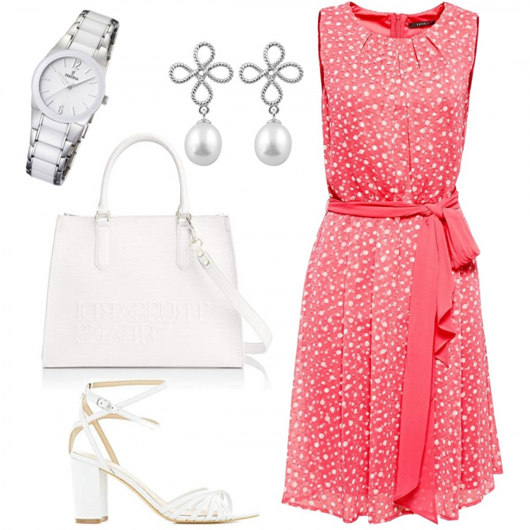 Outfit donna - Fior di latte e fragola. Stile Bon Ton per Serata fuori. Abbinamento con vestiti, sandali, borsa a mano bianco, orologi, orecchini in argento 925 bianco.