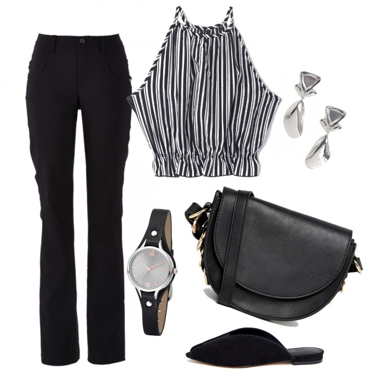 Outfit donna - Black. Stile Trendy per Tutti i giorni. Abbinamento con pantaloni, camicie, blusa a righe nero, ballerine nero, borsa a tracolla con anello e zip in denim con tasca interna, orecchini a bottone farfalla in denim argento.