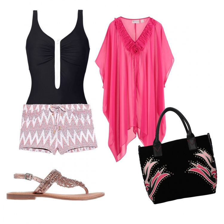 Outfit donna - Apericena al tramonto in spiaggia. Stile Basic per Mare. Abbinamento con costumi interi, tunica, infradito con strass senza tacco con fibbia e punta tonda tinta unita, pantalone fantasia con laccetti interno sfoderato jersey, borse a mano.