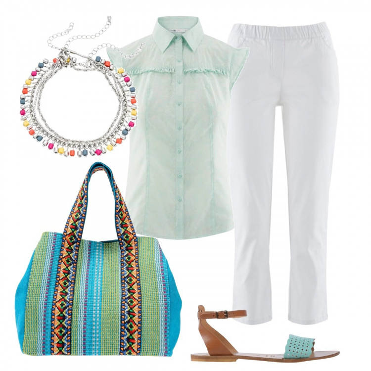 Outfit donna - Urban #4969. Stile Urban per Tutti i giorni. Abbinamento con pantaloni, blazer, borsa a mano, sandali fantasia con cinturino e punta tonda in pelle, camicie.