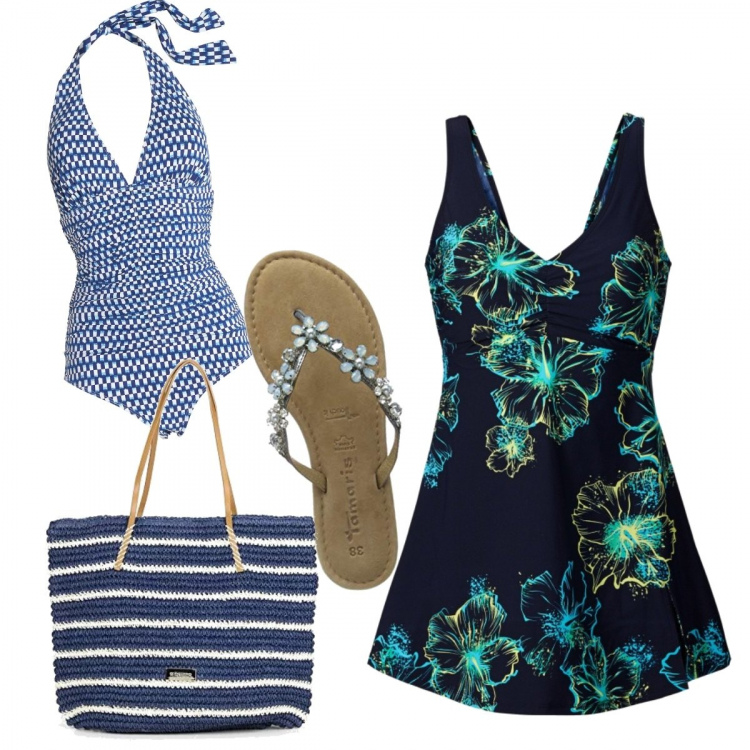 Outfit donna - Andiamo in spiaggia. Stile Trendy per Mare. Abbinamento con vestiti da spiaggia, costume intero con arricciature fantasia geometrica interno imbottito jersey, ciabatte, shopping bag.