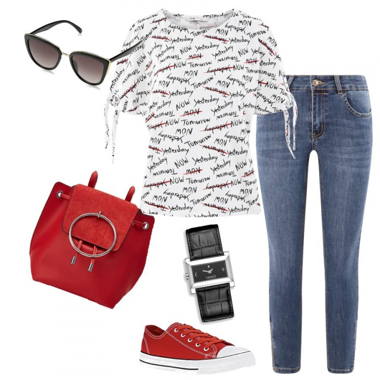 Outfit donna - Maglietta tutta scritte Trendy #14677. Stile Trendy Abbinamento con t-shirt con stampa e laccetti aderente bianco, jeans skinny con zip aderente blu, zaino, sneakers, orologio con cinturino nero, occhiali da sole nero.