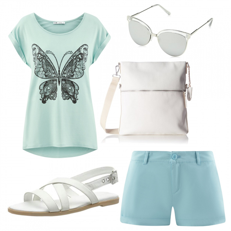 Outfit donna - Parola d\'ordine?SEMPLICITA\'. Stile Basic per Tutti i giorni. Abbinamento con t-shirt con stampa aderente turchese, shorts, sandali con cinturino bianco, borsa a spalla, occhiali da sole argento.