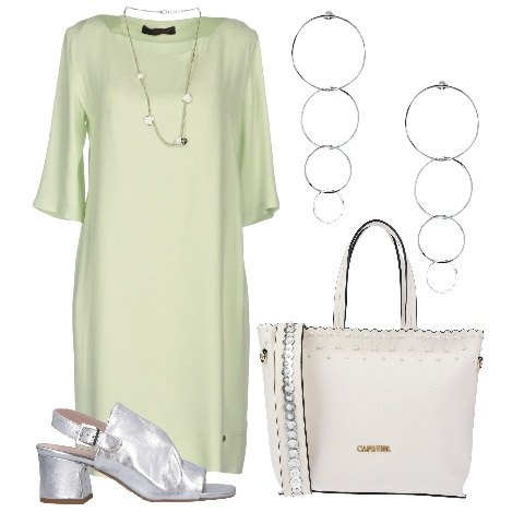 Outfit donna - Shopping con le amiche. Stile Urban per Tutti i giorni. Abbinamento con vestito corto, borsa a mano maxi con borchie e zip in pelle sintetica tinta unita, sandali effetto laminato con tacco squadrato e fibbia con punta tonda tinta unita, orecchini pendenti in ottone.