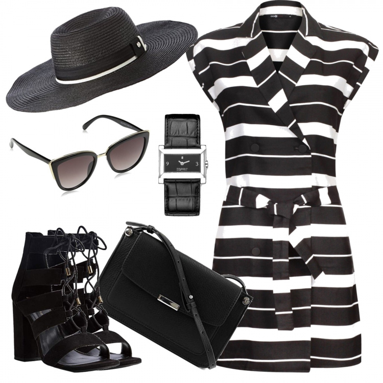 Outfit donna - Bantoa MOST LOVED BRAND - part.3. Stile Bon Ton per Tutti i giorni. Abbinamento con vestito doppiopetto con cintura a righe a maniche corte aderente nero, sandali, occhiali da sole nero, cappelli, borsa a tracolla nero, orologio con cinturino nero.
