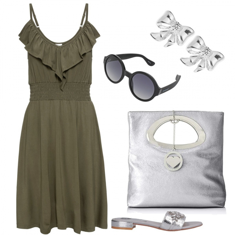 Outfit donna - Verde e argento. Stile Urban per Tutti i giorni. Abbinamento con sandali con stampa effetto laminato con punta tonda tinta unita, occhiali da sole montatura in plastica, vestiti lunghi, borsa a mano argento, orecchini in argento 925.